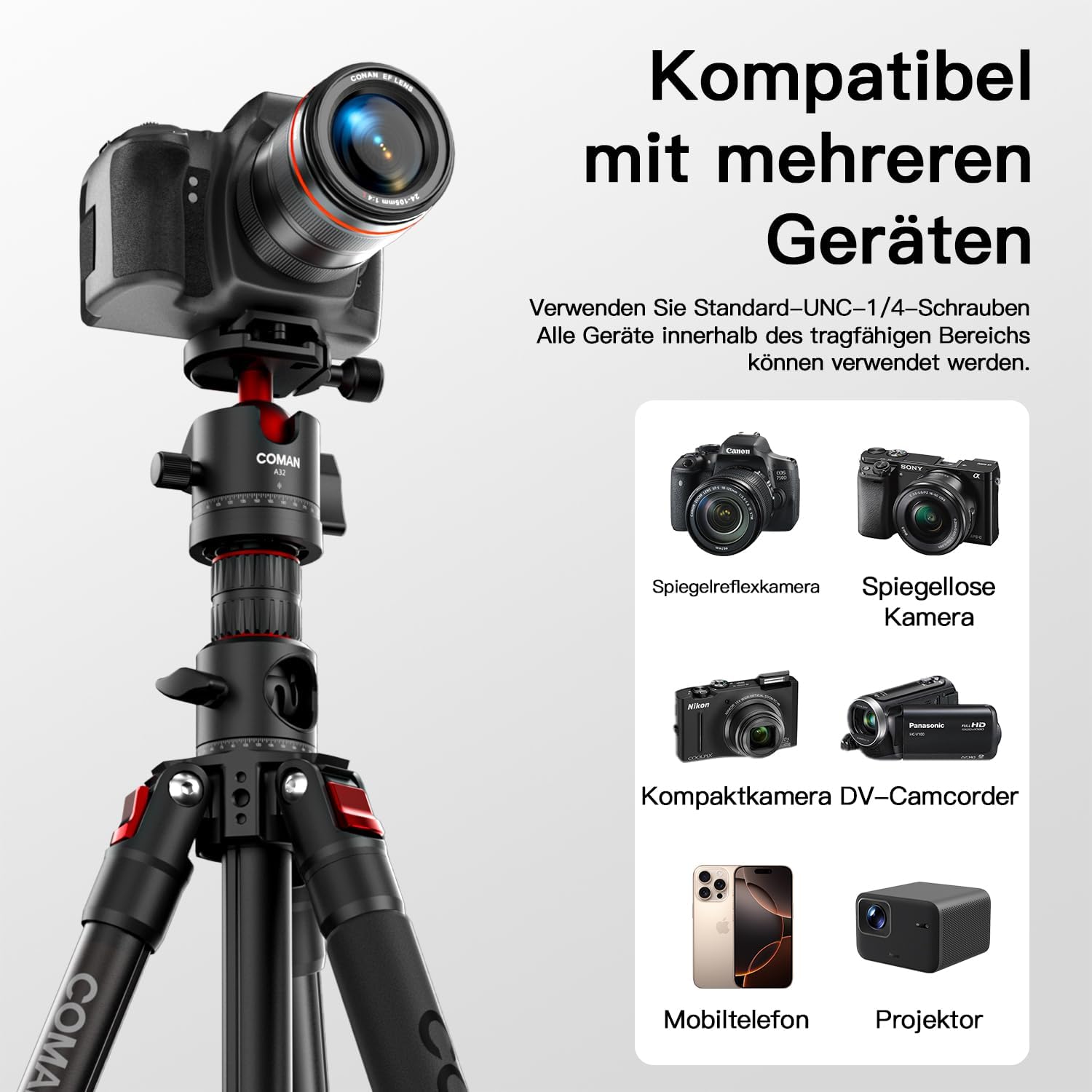COMAN Treppiede Orizzontale Per Fotocamera con Colonna Centrale Etesta a Sfera a 360 Gradi, Monopiede Regolabile in Altezza di 181cm, con Piastra a Sgancio Rapido Arca, Capacità di Carico Massima 5kg