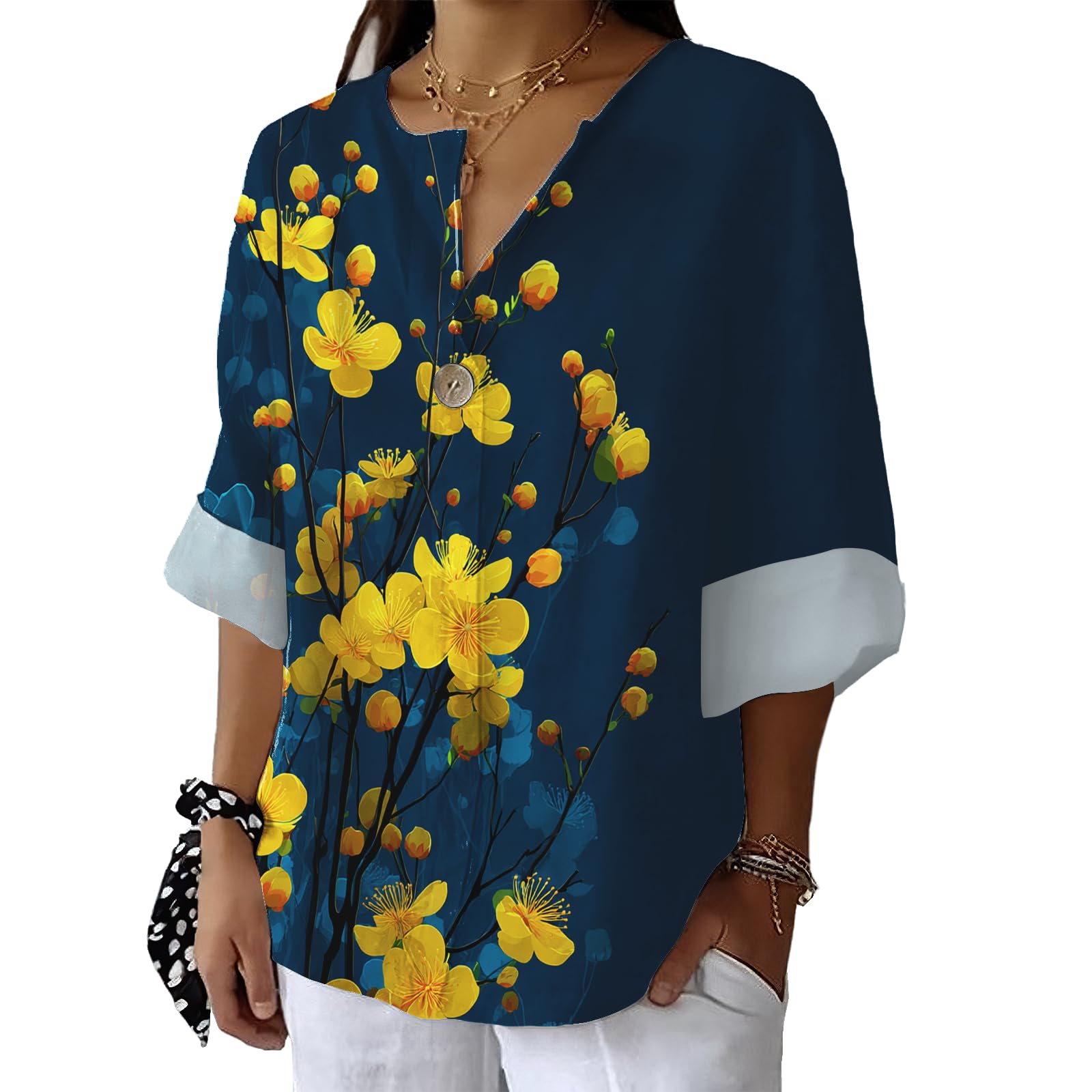 Floral Bird Graphic Shirt Womens Casual Blouse Summer Fashion 3 4 Sleeve V Neck Tops Loose Lightweight Pullover