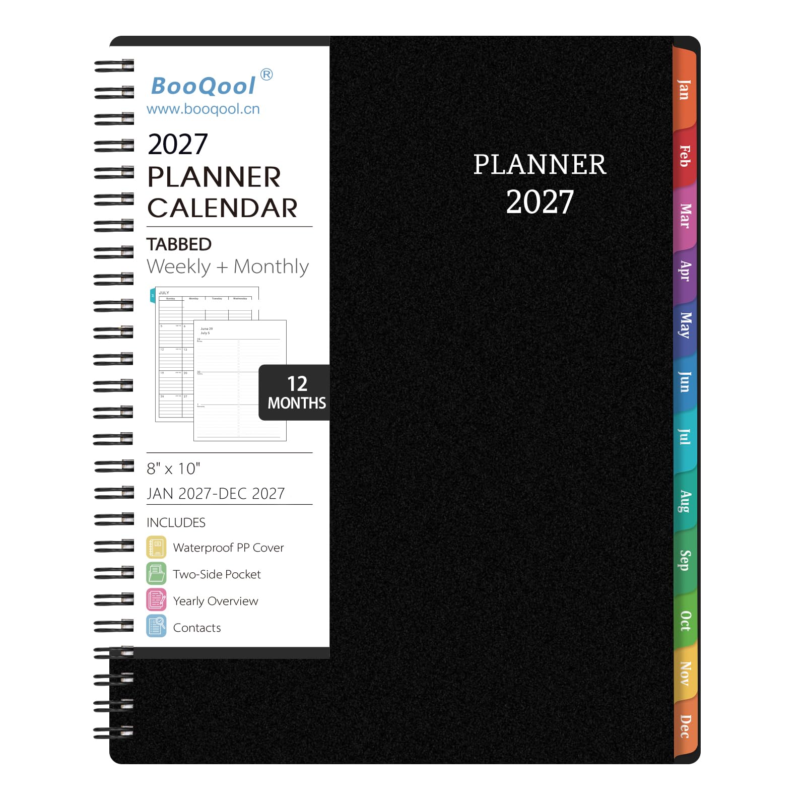 BooQool 2027 Planner for Office, School, Home - 2027 Planner Weekly and Monthly, 8''x10'', January 2027 - December 2027 Calendar with Spiral Bound, Organizer with To Do List, Tabs & PP Cover
