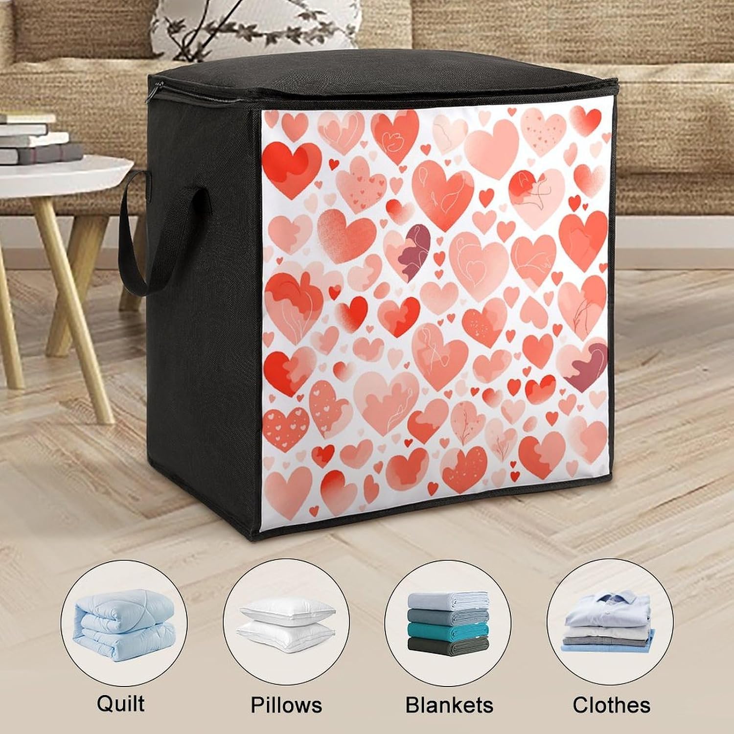 Clothes Storage Bag Personalized Durable Foldable Large Toy Storage Bags with Zipper Moving Bags Luggage Organizer Hand Drawn Heart Printed Bags image 3