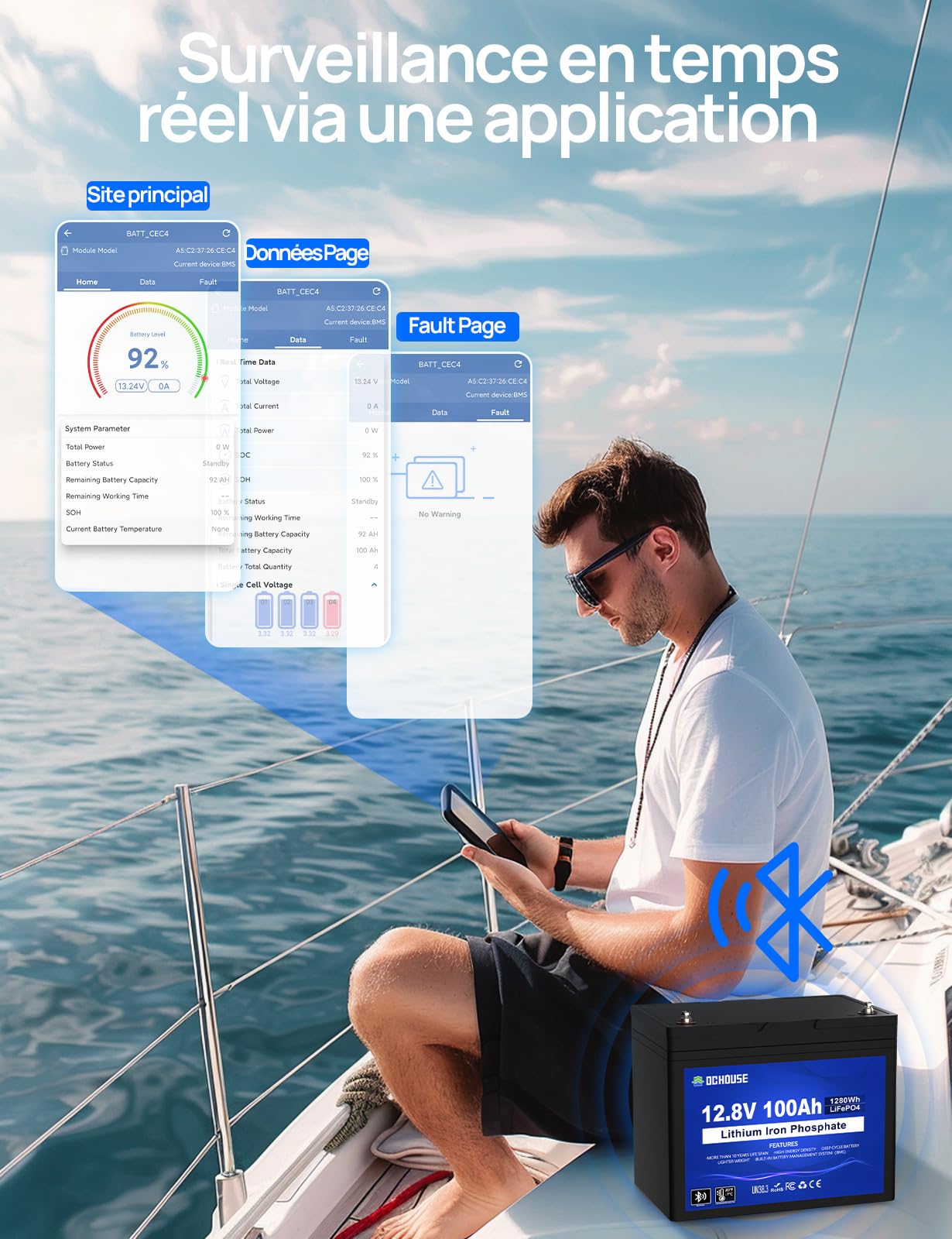DCHOUSE 12V 100Ah LiFePO4 Bluetooth Batterie avec Chargeur 10A, Bluetooth et Coupure Basse température, BMS 100 A, idéale pour Les Moteurs de pêche à la traîne, la Marine, Solaire