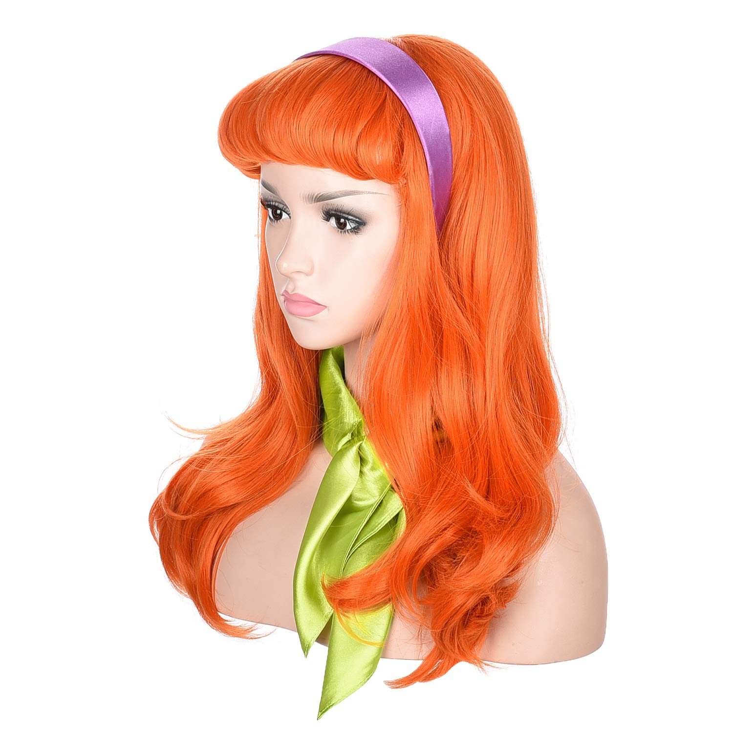 morvally Long Wavy Ginger Orange Bangs Synthetic Wigs with Headband and Scarf for Women