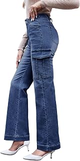 Womens Cargo Jeans Wide Leg Y2K Bootcut Flare Bell Bottoms High Waisted Denim Cargo Pants Flap Pockets Stretchy Trousers