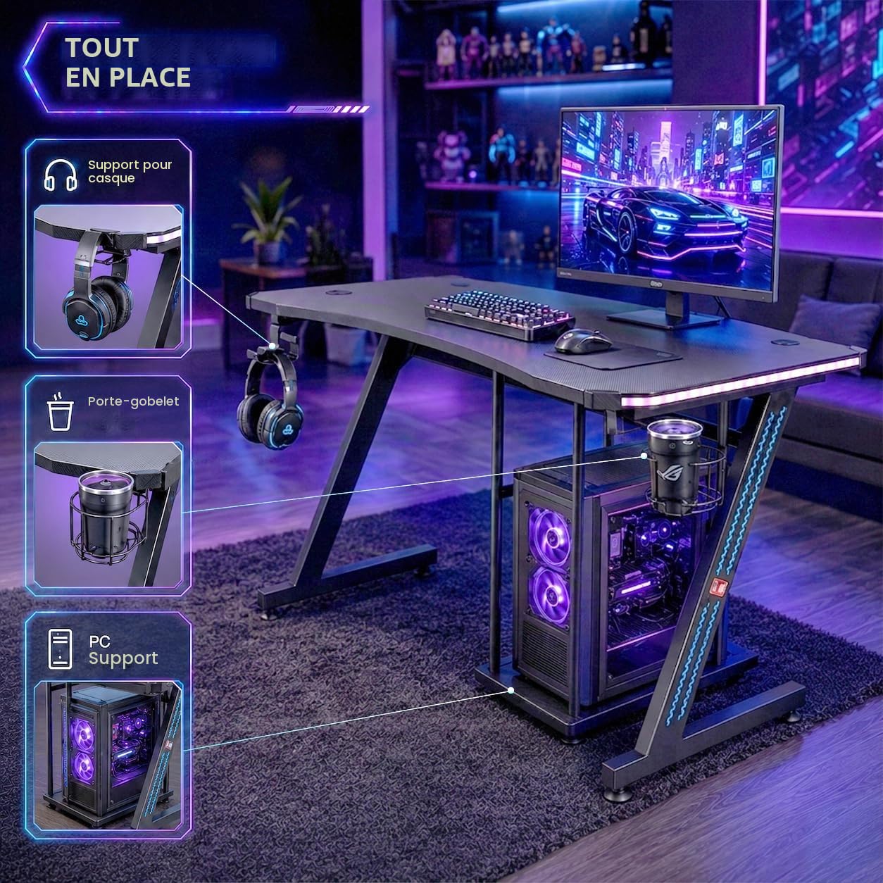 MY SIT Bureau Gaming Table Gizmo Ordinateur LED Lumières - Support pour Casque Support pour PC et Porte-gobelet - Gestion des Câbles - Bureau de Jeu Table de Bureau Gaming Desk en Noir