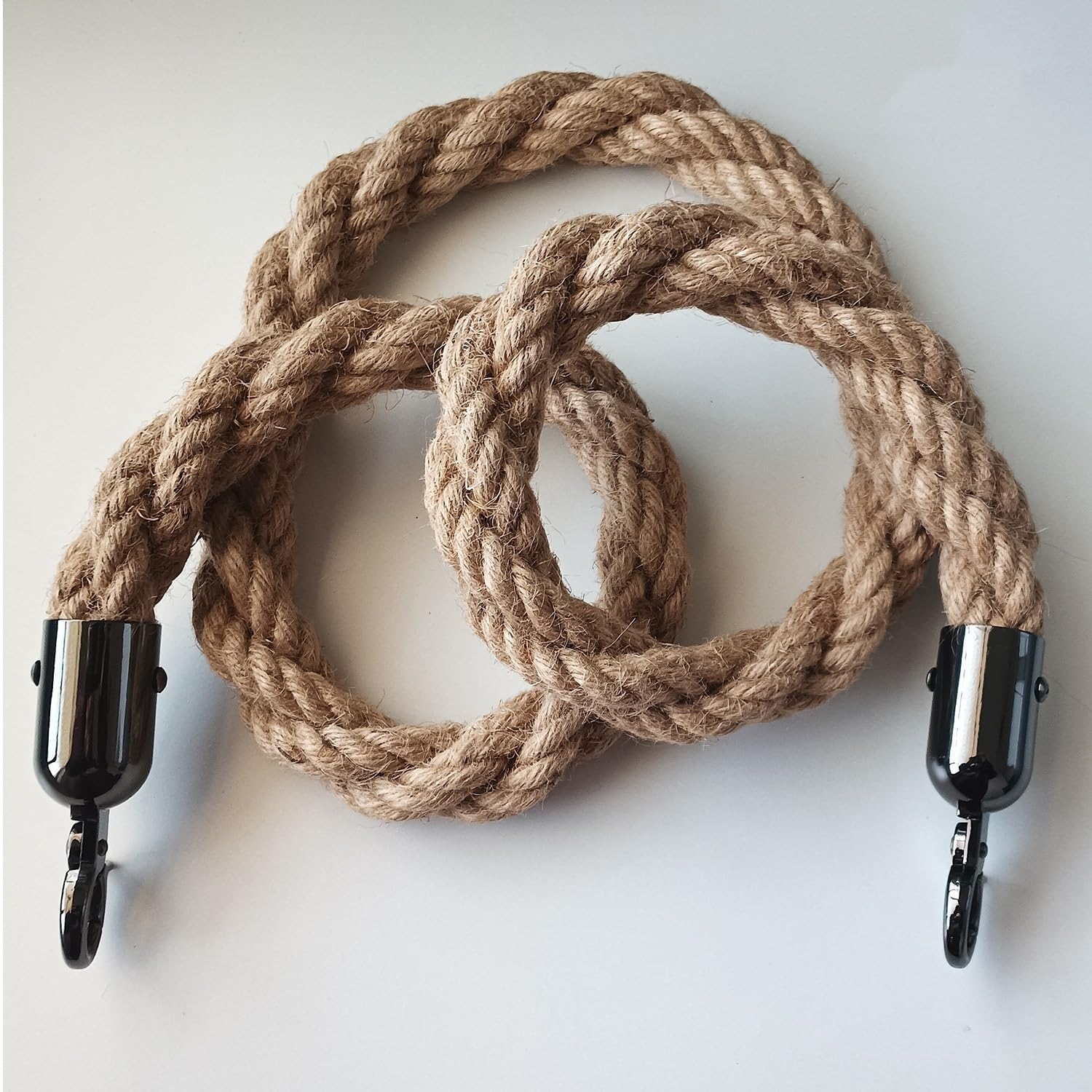 Stanchion Rope Barrier - Corda di canapa intrecciata nera da 2,2 m, con bottoni a pressione lucidati per controllo della folla e sicurezza, 1 confezione per coda eventi e gestione del traffico