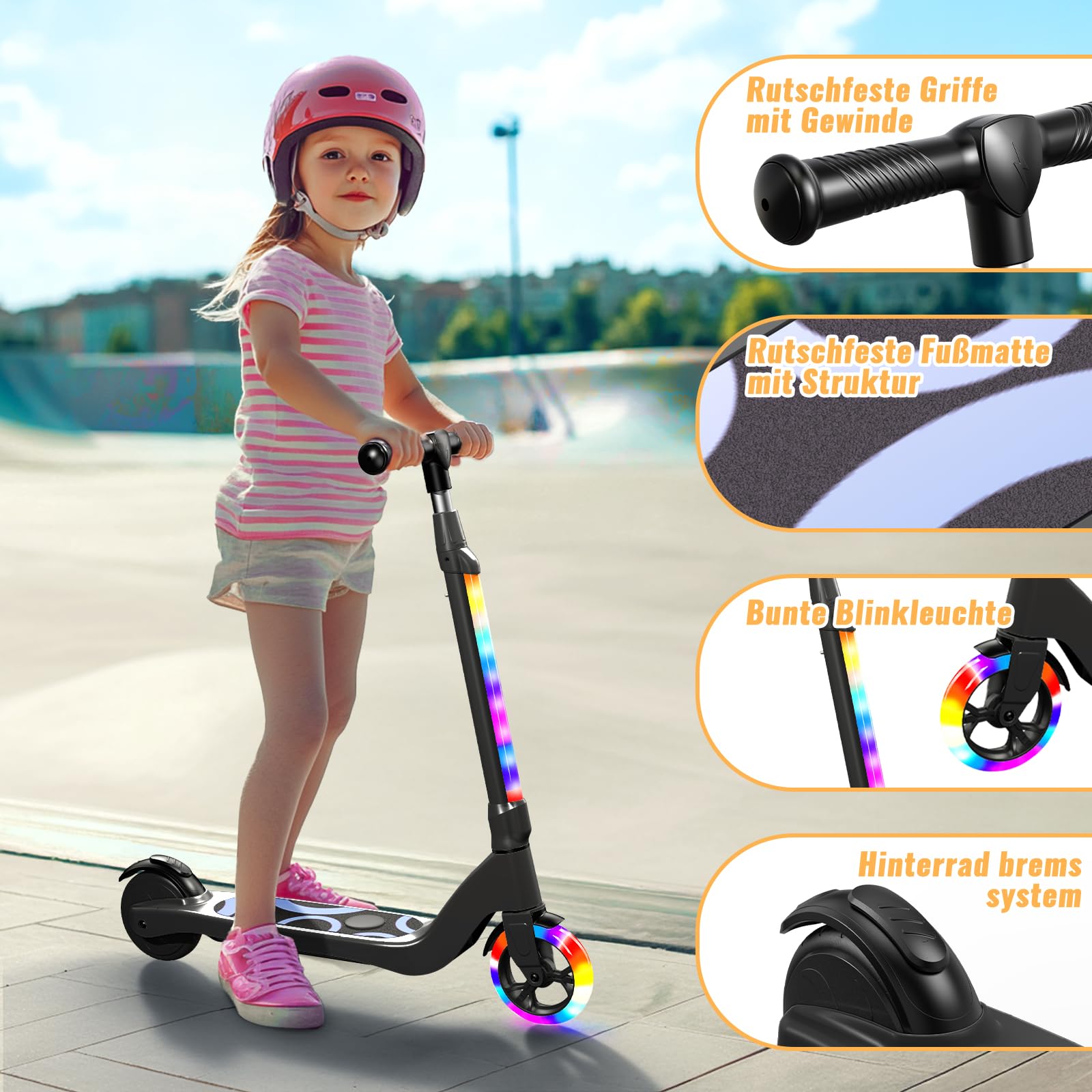 TST E - Patinete eléctrico para niños de 6 a 10 años, 5.3", con Luces LED Intermitentes y 3 Alturas Regulables, Motor de 45 W, Carga máxima de 70 kg, para niños de 6 a 10 años