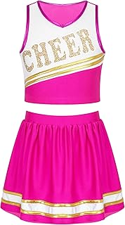 easyforever Girls Cheer Leader Costume Uniform Cheerleading Cosplay Outfit Crop Top with Pleated Skirt Set Dancewear Hot Pink 14 Years