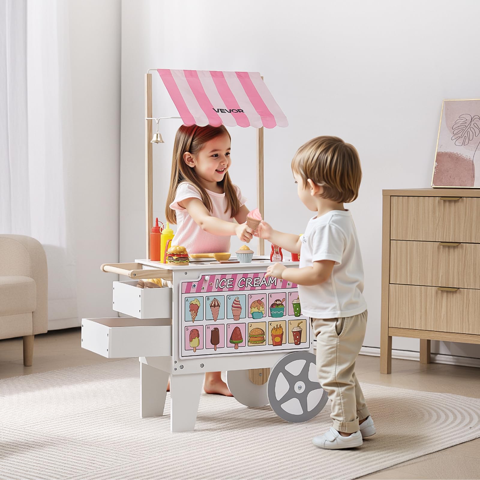 VEVOR Carrito de Helados, Más de 20 Accesorios, Juego de Simulación de Heladería, Cocina, Juguetes con Helado y Paleta, Toldo y Congelador, Cajones, para Niños de 3 a 7 Años, 747 x 350 x 1220 mm