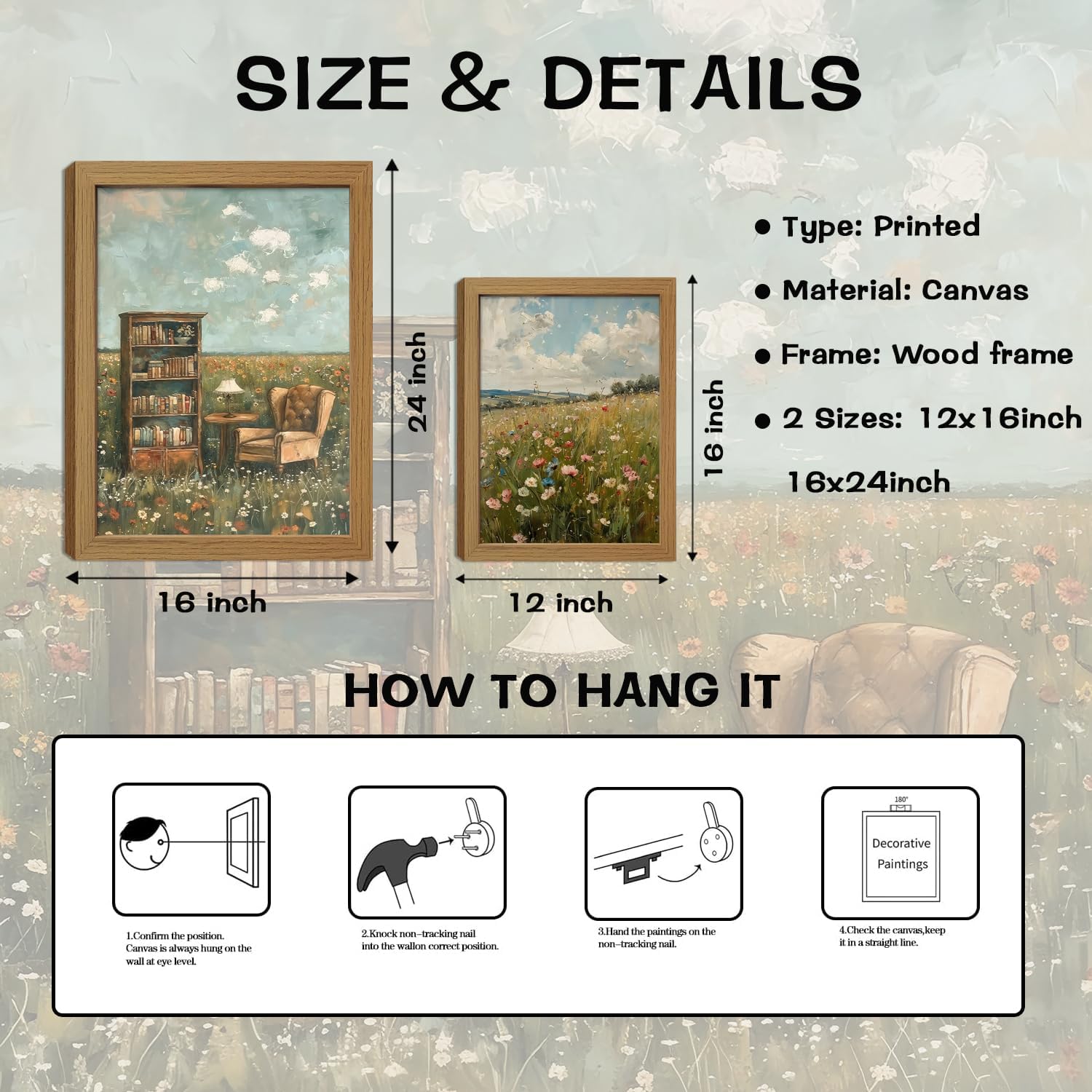 Vintage Flowers Canvas Wall Art Set of 2, Field Book Nook Wildflowers Wall Decor, Country Oil Farmhouse Nature Daisy Prints Pictures for Living Room Library Bedroom Home Decor Gifts 24x16inch Framed