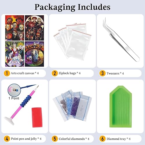 Miniatura 5 de JAKI Paquete de 4 piezas de arte de diamantes para adultos, kits de pintura de diamantes de dibujos animados para adultos principiantes, arte de