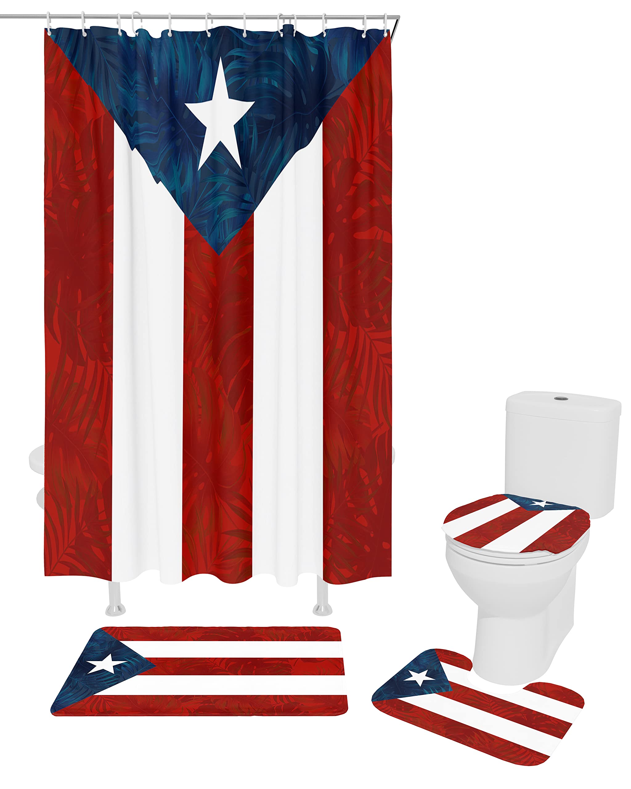 4 Pcs Shower Curtain Sets Puerto Rico Flag Waterproof Fabic Bathroom Set with Non-Slip Rugs Toilet Lid Cover Bath Mat Stripe Shower Curtain with Hooks 36x72 inch Shower Curtain with Hooks Large