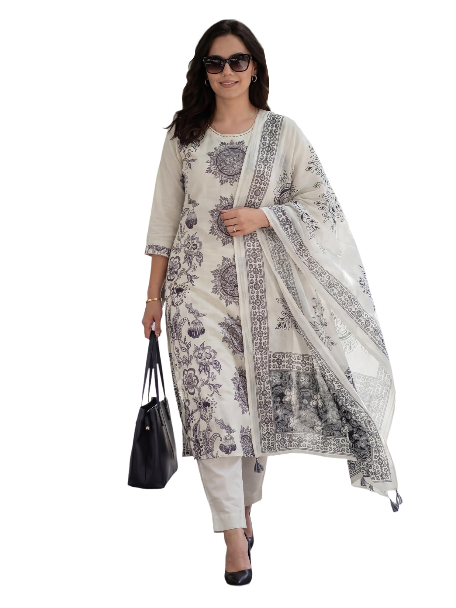 Indo Era Women's Pure Cotton Geometric Printed Thread Work Kurta & Pant with Dupatta Set (IEAI13300) in multi