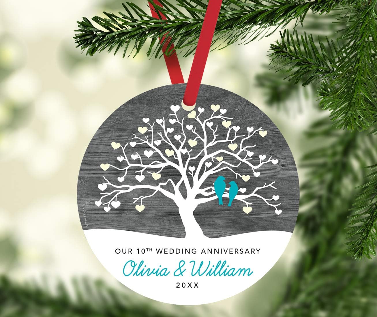 Andaz Press Personalized Round Metal Christmas Ornament, Our 10th Wedding Anniversary First Names Date, 1-Pack, Custom, Includes Ribbon and Bag