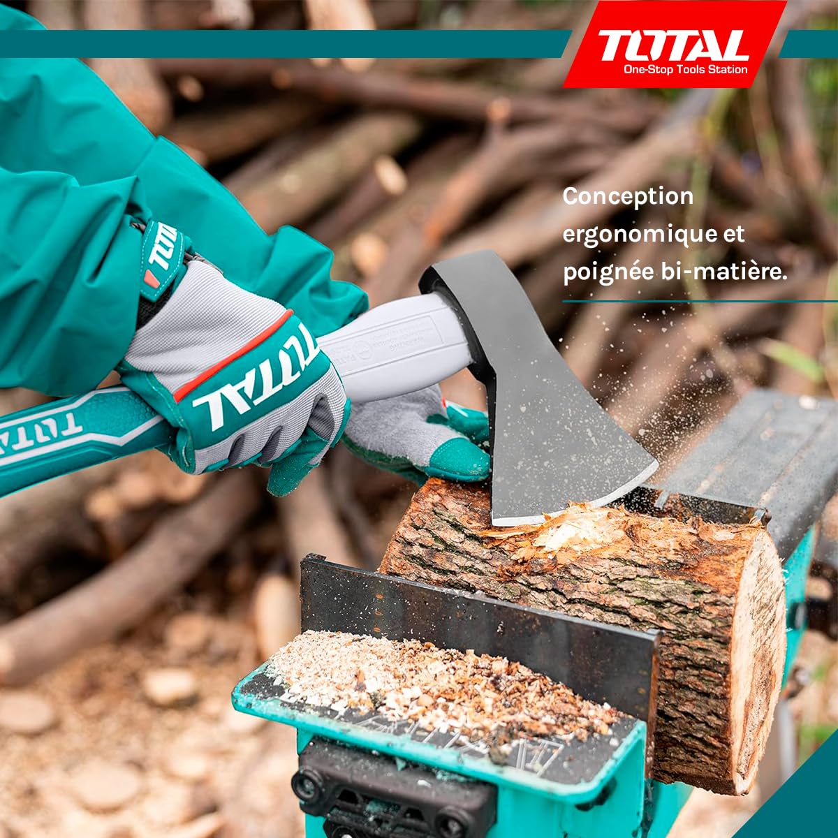 Total Tools - Hache - Longueur de 430 mm - Poids de 1 kg - Manche bimatière et ergonomique - Idéale pour le bricolage