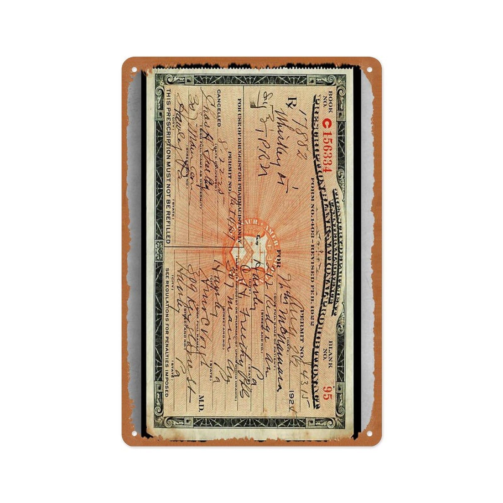 peiyeety 1924 Prescription for Whiskey During Prohibition Decoration Metal Tin Sign Plaque, for For Cafe Beer Club Wall Home Decor 8x12 Inch