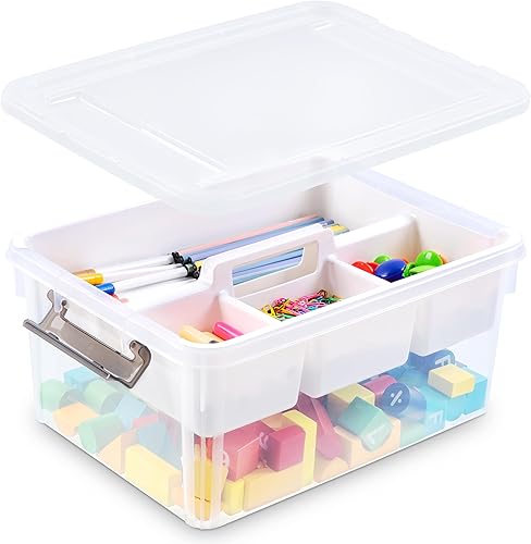 Miniatura 8 de Caja de almacenamiento de plástico de 17 cuartos de galón con bandeja extraíble, organizador de suministros de arte transparente, organizador de