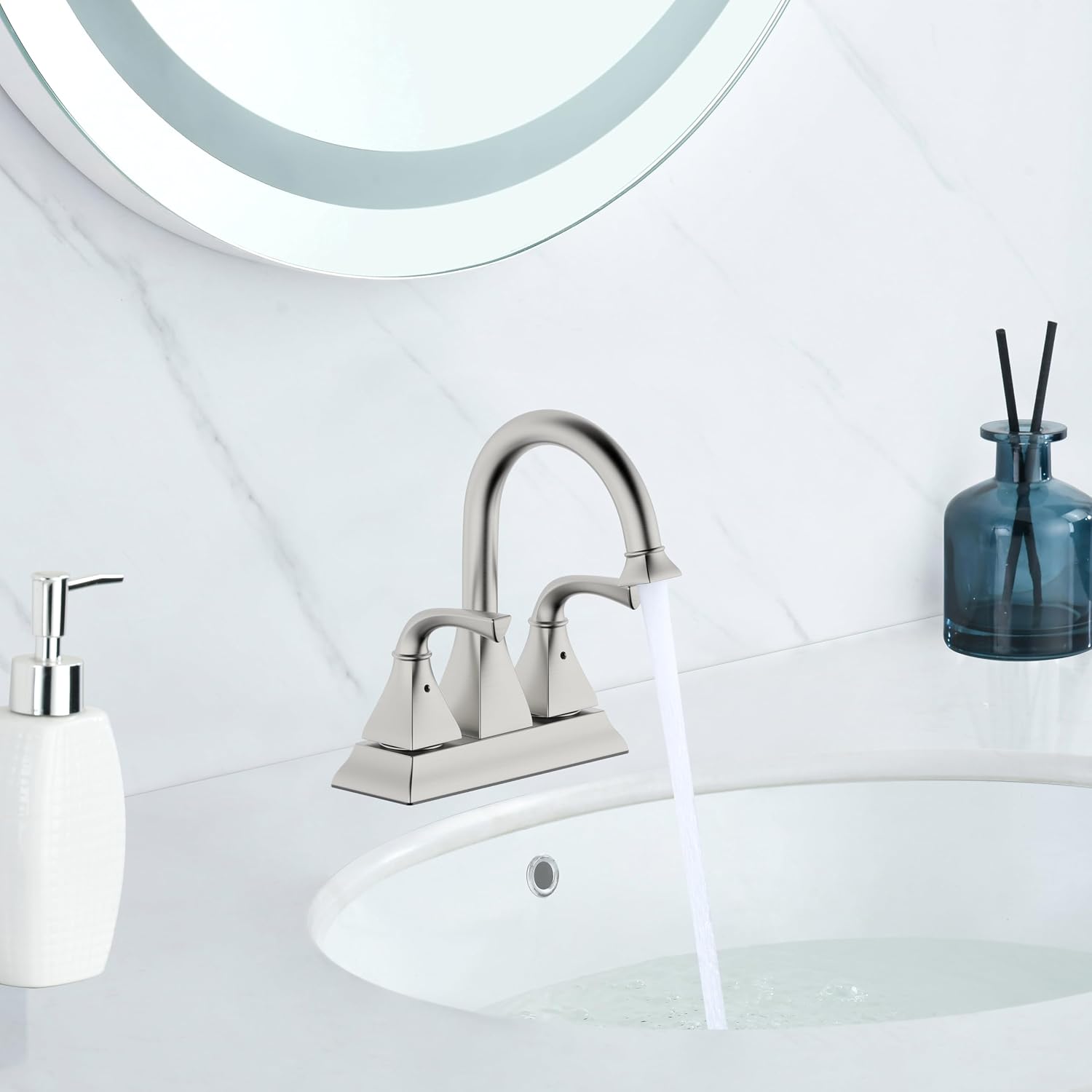 Centerset Bathroom Faucet,Brushed Nickel Lavatory Bathroom Sink Faucet,4 Inch Two Handle with Push up Pop-up Drain,F-4015-BN
