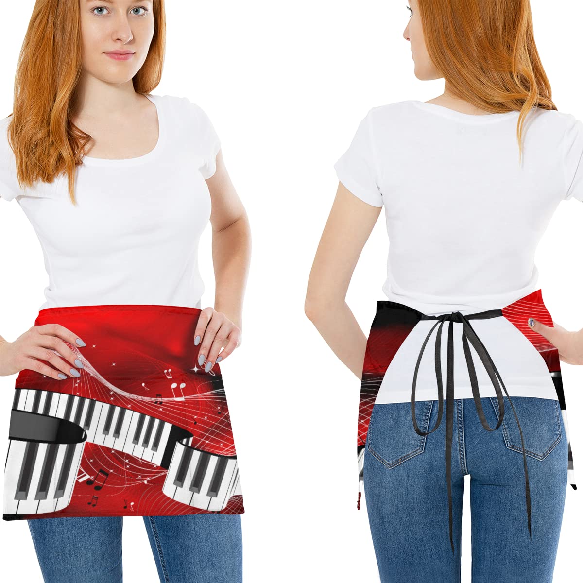 bisibuy Music Notes 3 Pack Server Aprons with 3 Pockets, Piano Red Waitress Waiter Wasit Apron for Women Men Restaurant Bistro Cafe Bars Half Aprons Waitress Server Accessories