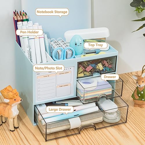 Miniatura 16 de Organizador de escritorio con 3 cajones, soporte multifuncional para lápices, organizador de escritorio y almacenamiento con 8 compartimentos, Blanco