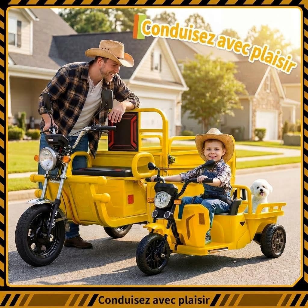 Moto Électrique Enfants avec Remorque et Benne-Pelle, 12V Voiture Électrique Enfants avec Musique et Bluetooth, Tuk-Tuk Électrique Enfant Voyant d'alimentation, LED, USB&AUX, 3+ Ans (Jaune)