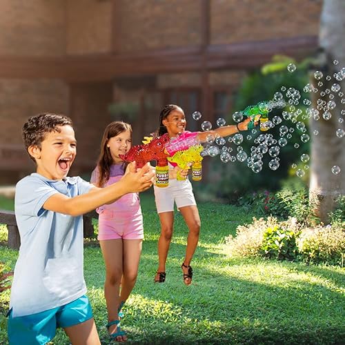Miniatura 5 de ArtCreativity Bubbland - Pistola de burbujas LED de dinosaurio para niños, 3 pistolas de burbujas iluminadas y 6 botellas de líquido de burbujas,