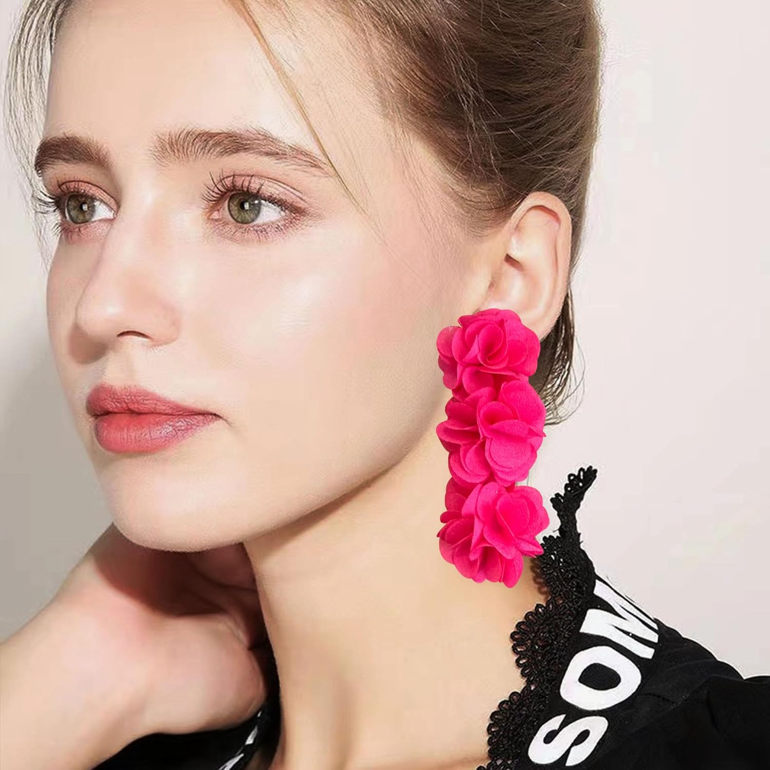 Anmpab Elegant Long Fabric 3-Layer Flower Tassel Earrings Bohemian Handmade Dangle Drop Earrings for Women Vintage Floral Statement Jewelry - Image 3