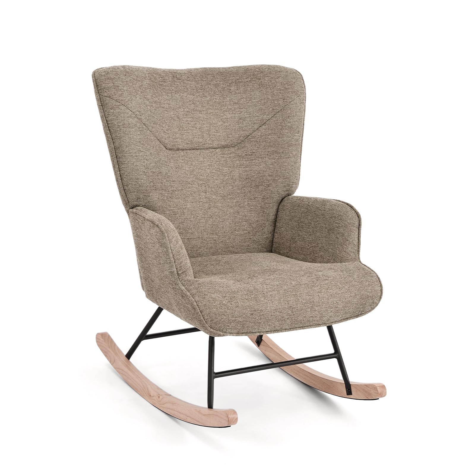 Ohrensessel Leiser Schaukelstuhl mit Armlehnen, Webstoff Sessel, Bequemer Relaxsessel mit Hoher Rückenlehne, Moderner Lesesessel für Wohnzimmer Schlafzimmer Kleine Räume, Sand