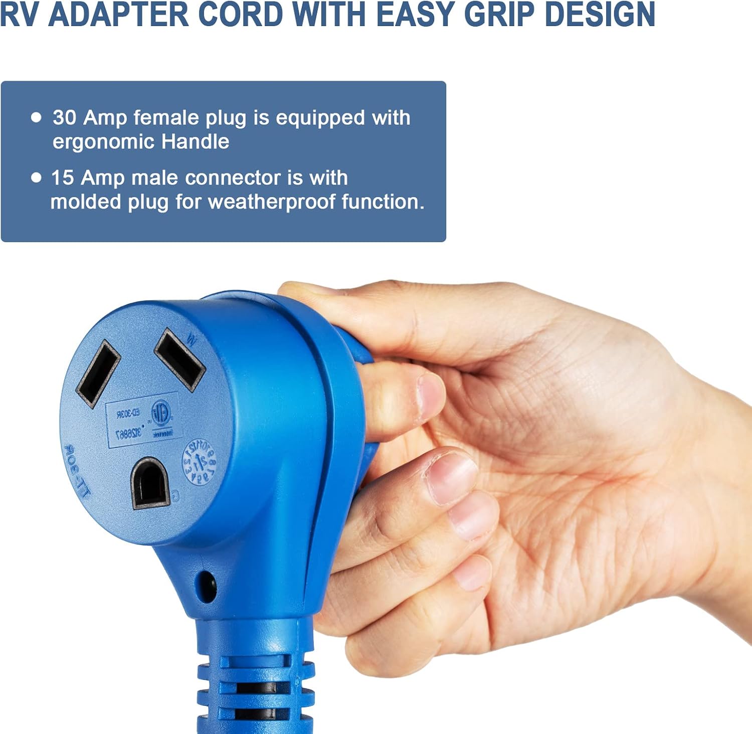 RV Adapter Cord 15 Amp to 30 Amp for RV Trailer Camper, 5-15P Male to TT-30R Female, Dog-bone Electrical Power Plug with LED Power Indicator, Deep Blue,12 Inch