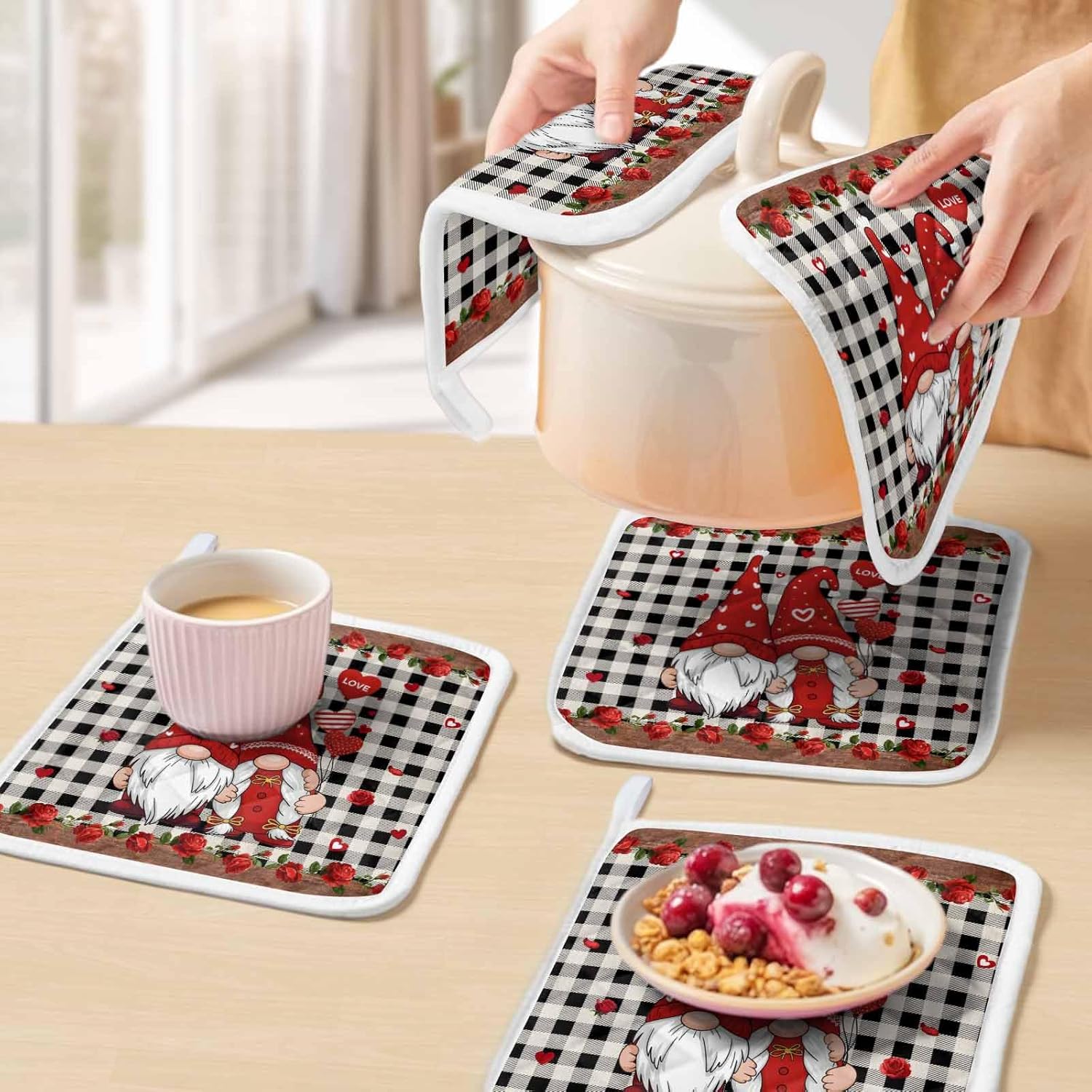 5 Pack Pot Holders for Kitchen, Valentine's Day Hot Pads for Kitchen Countertops Oven Pot Holder Bulk, Retro Gnomes Love Rose Wooden Plaid Heat Insulation Potholders with Hanging Loops