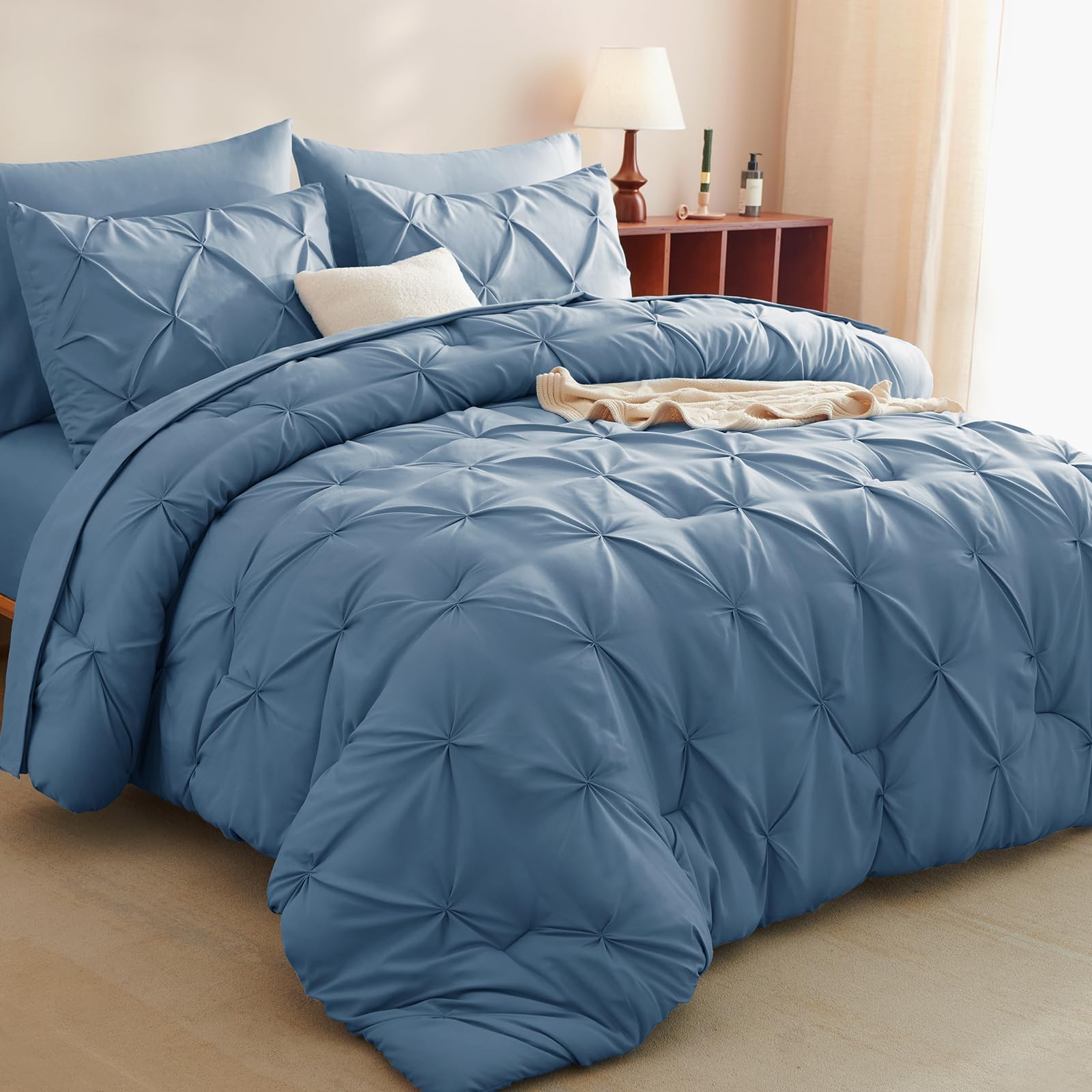 CozyLux King Size Comforter Set Grayish Blue, 7 Pieces Pintuck Bed in A Bag Blue Comforter King Size, Pinch Pleat Bedding Set with All Season Comforter, Sheets, Pillowcases & Shams