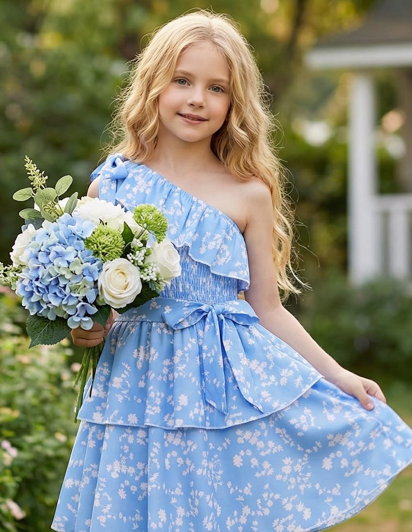 GRACE KARIN Girls Summer Spring Dress Kids One Shoulder Floral Dresses Teen Cute Party Flower 2 Layer Hawaiian Clothes 6-14 - Image 7