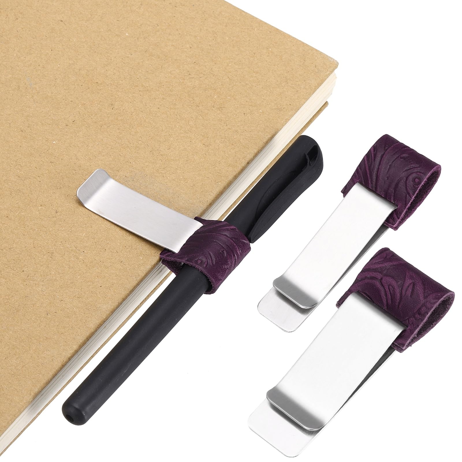 PATIKIL 2Pcs Pen Loop for Notebook, Brass Carved Retro Leather Pencil Holder Pen Clip for Notebook Clipboards Pocket Office Traveler Journals Planner, Light Purple/Silver