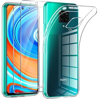 Phoona Mobile Phone Case for Xiaomi Redmi Note 9S/9 Pro/9 Pro Max Case with 2 Pieces Tempered Glass Screen Protector Thin Soft TPU Silicone Transparent Shockproof Protective Case for Redmi Note 9 Pro Case Clear Scratch-Resistant