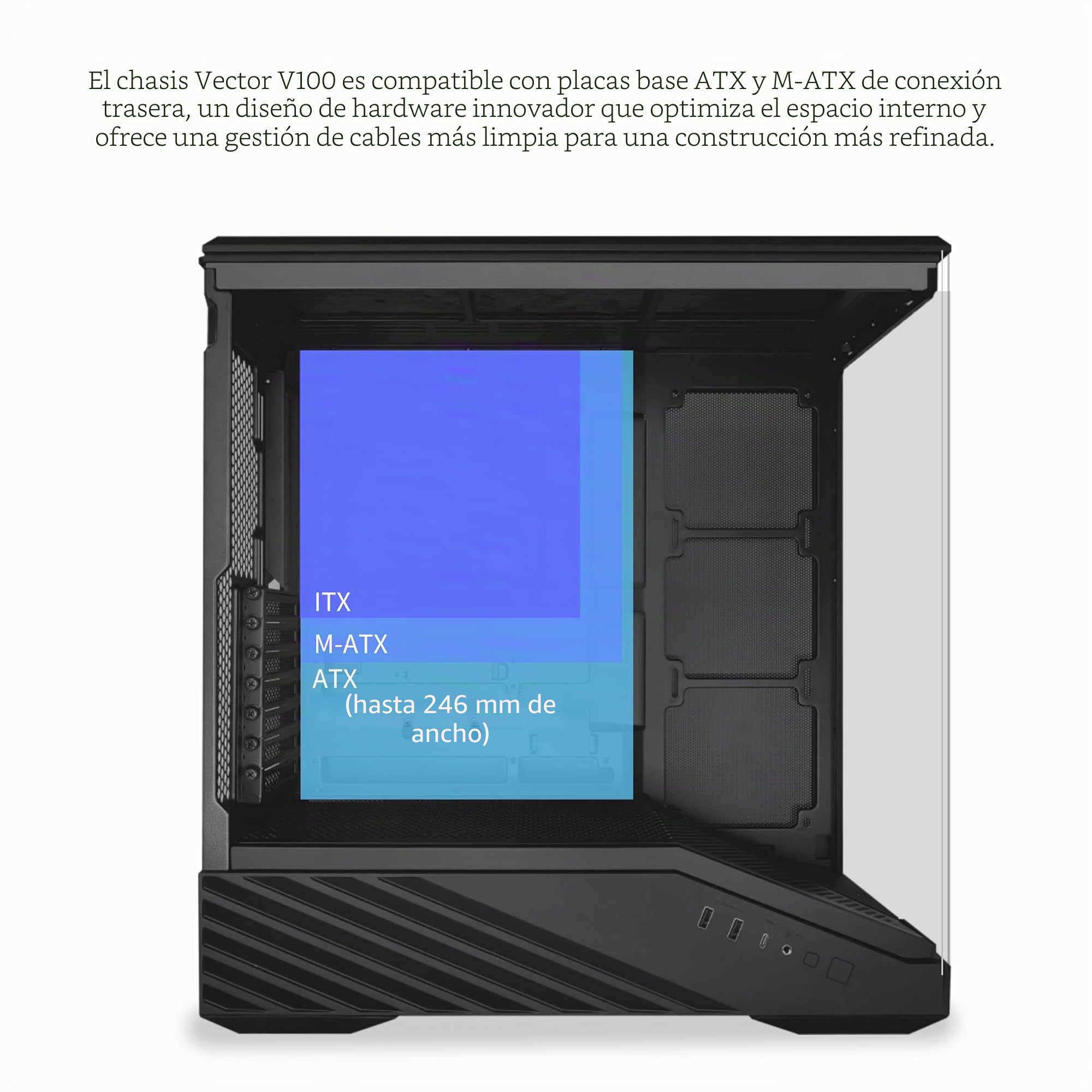 Lian Li V100 ATX - Carcasa de PC de Torre Media, 4 Ventiladores ARGB PWM de 120 mm preinstalados, Tira LED RGB, Plataforma de visualización con Vidrio Templado, Compatible con GPU de 420 mm, radiador | 4 ventiladores ARGB PWM de 120 mm preinstalados, tira