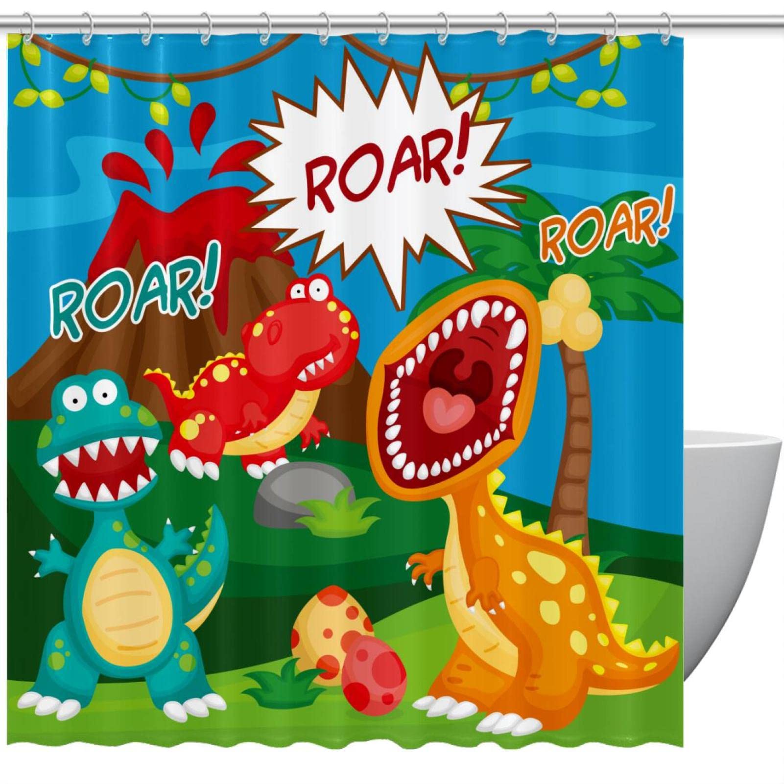 Rideau de douche anti-projections dinosaure 168x183 cm pour baignoire