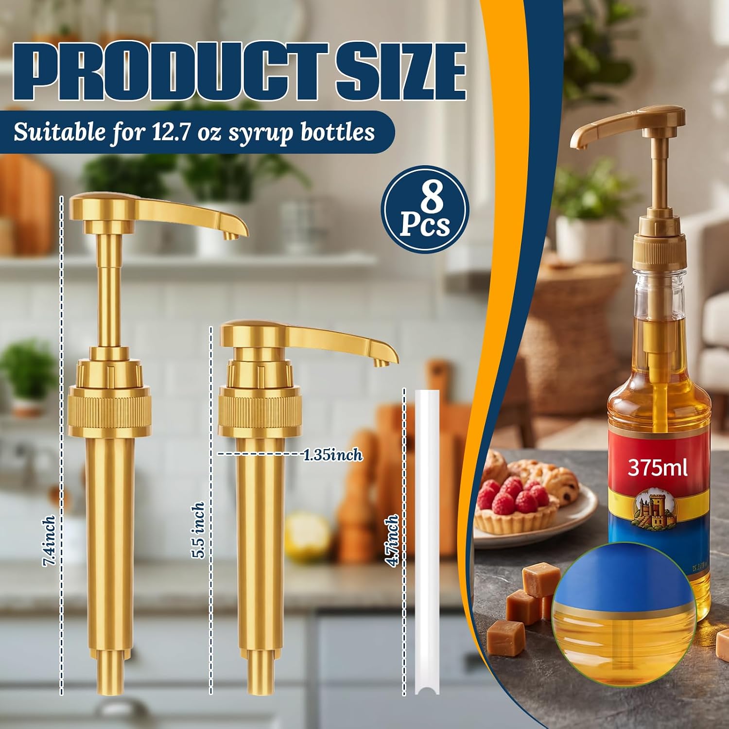 Zopeal 8 Pcs Coffee Syrup Pump Dispenser, Fits 375ml/12.7oz Bottles, Gold | Syrup Pumps for Coffee Flavoring, Creamers, Caramel, Drink Mixes, Beverage Stations, Home Coffee Bars & Cafes, Reusable Setup