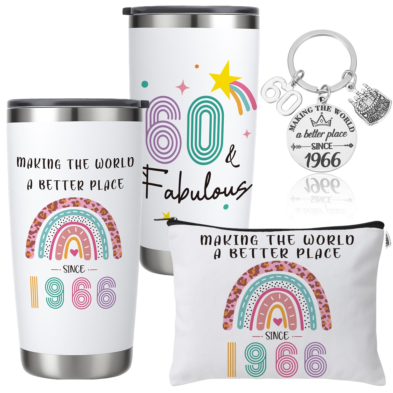 saerryor 60th Birthday Gifts for Women 1966 Personalised Mug Insulated Tumbler Makeup Bag Keyring Mum Gifts from Daughter Son Thank You Presents for Grandma Auntie Friends Sisters Teachers