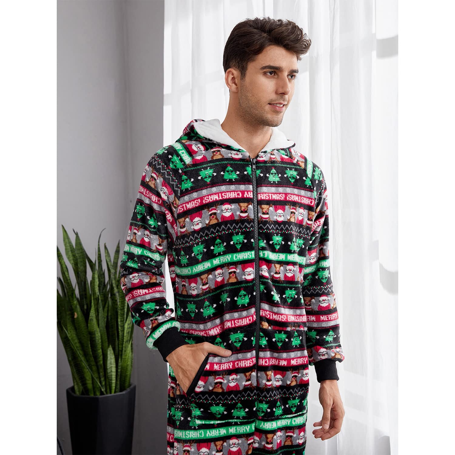 Pijama Navidad Una Pieza Hombre Franela Pijamas Mono Entero con Capucha Manga Larga Invierno Calentito Jumpsuit Adulto Onesie Ropa de Casa Dormir Negro Verde Rojo S