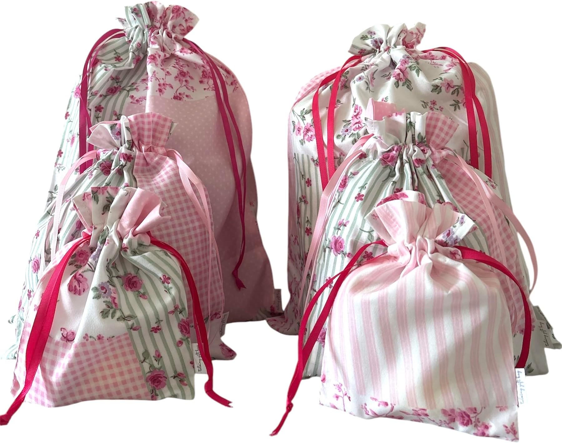 Floral Cotton Gift Bags Set, Pink Rose Pattern, Drawstring, Set of 3 Sizes - Small 13.5x20cm, Medium 21x28cm, Large 31x41cm
