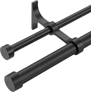 Double Curtain Rods with Aluminum End Cap Surround Brackets,1"Front and 5/8" Back Rod,Adjustable between 36 to 72 Inches 3-6 Feet, Matte Black Double Window Drapery Rod