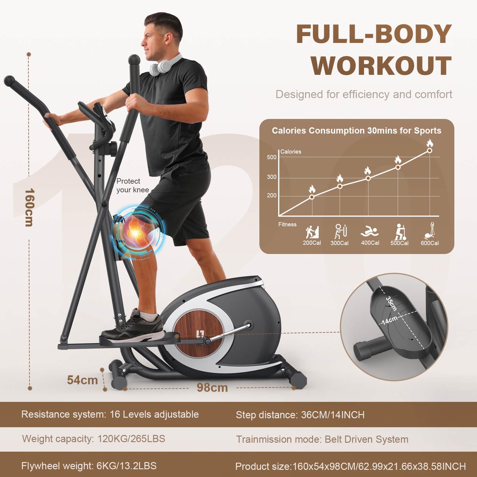 Vélo Elliptique, Machine Elliptiques Magnétique avec Application Bluetooth Smart, 16 Niveaux De Résistance, Écran LCD, Porte-gobelet, Appareil Elliptique d'exercice pour La Maison