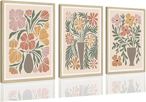 3 Piece Boho Floral Framed Canvas Wall Art Minimalist Boho Vase with Flowers Posters Mid-Century Modern Flower Prints Artwork Wall Decor for Living Room Bedroom Office Ready to Hand 16x24inchx3pcs