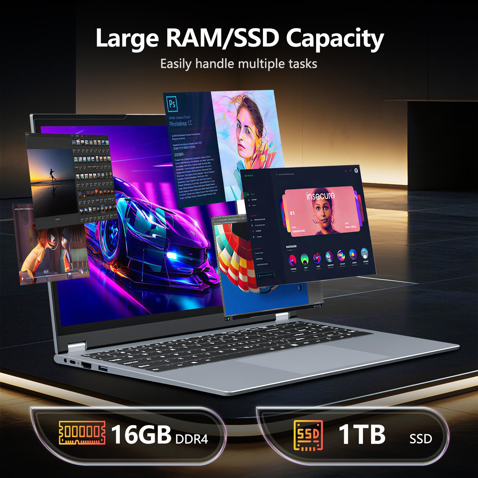 15,6 Pulgadas Ordenador Portátil Pantalla Táctil 2 en 1, Laptop 16GB RAM 1TB SSD, Win11 PC Portátil con Ryzen 3 3200U Procesador, Computadora Portátil 360° Pantalla Táctil 1080P FHD IPS Type-C RJ45 - 5