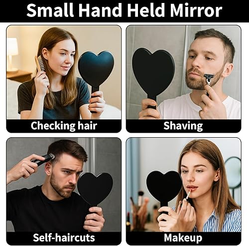 Miniatura 8 de Espejo de mano de viaje en forma de corazón, espejo de mano cosmético con mango (negro, 1 unidad)