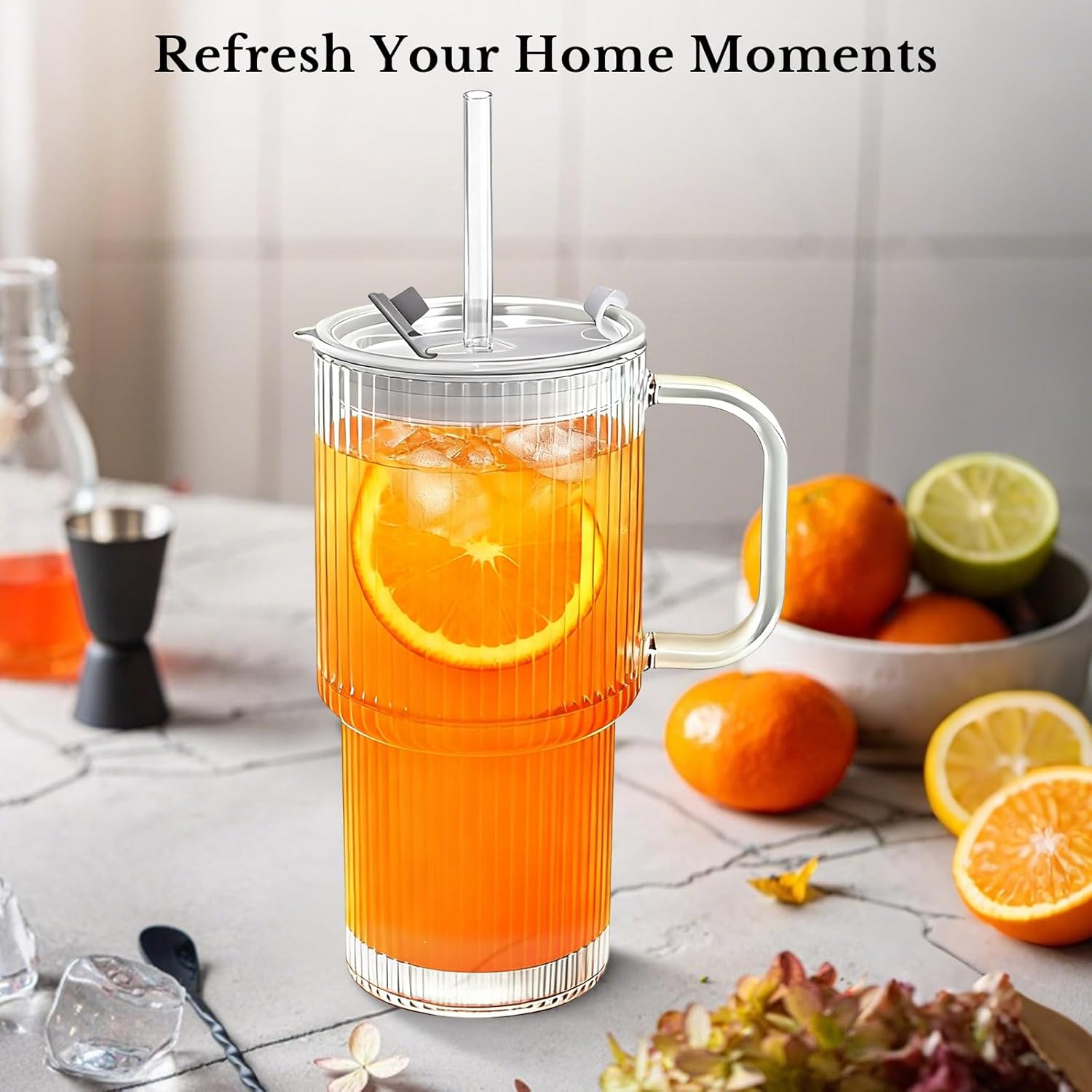 18oz Glass Tumbler with Handle, Glass Lid & Straw, 2-Piece Set, Thickened Glass Cups for Iced Coffee, Smoothies, Cocktails, Home Office Travel (Ribbed) - Image 2