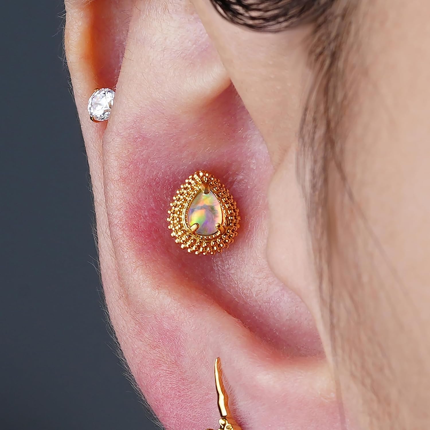 FINE4U 1PC Pear Teardrop Piercing Jewelry 16G 6mm 8mm - ASTM F136 Titanium Flat Back Stud Cartilage Earring for Conch Helix Tragus Flat - Image 3