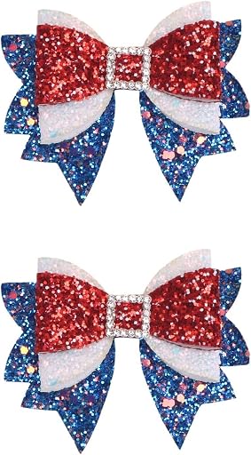 4th of July Patriotic Hair Bows Alligator Clip For Girls Glitter Sparkly Red White Blue Sequin Cheer Barrettes Hairpins Independence Day Xmas Party outfit Dress Decor Accessory Gift 3.5"
