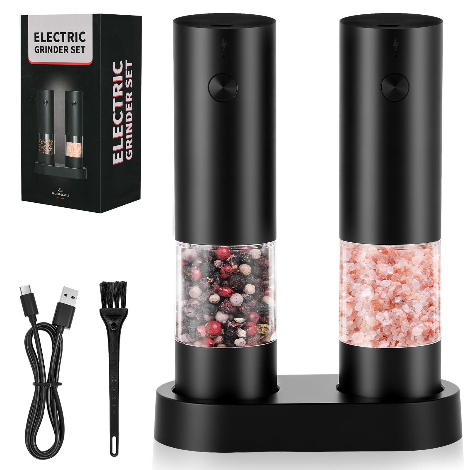 AXFEE Electric Salt and Pepper Grinder Set, 2PCS Rechargeable Automatic Salt and Pepper Mill Grinders with Charging Base, Adjustable Coarseness Grinder with 75ml Container for BBQ, Kitchen