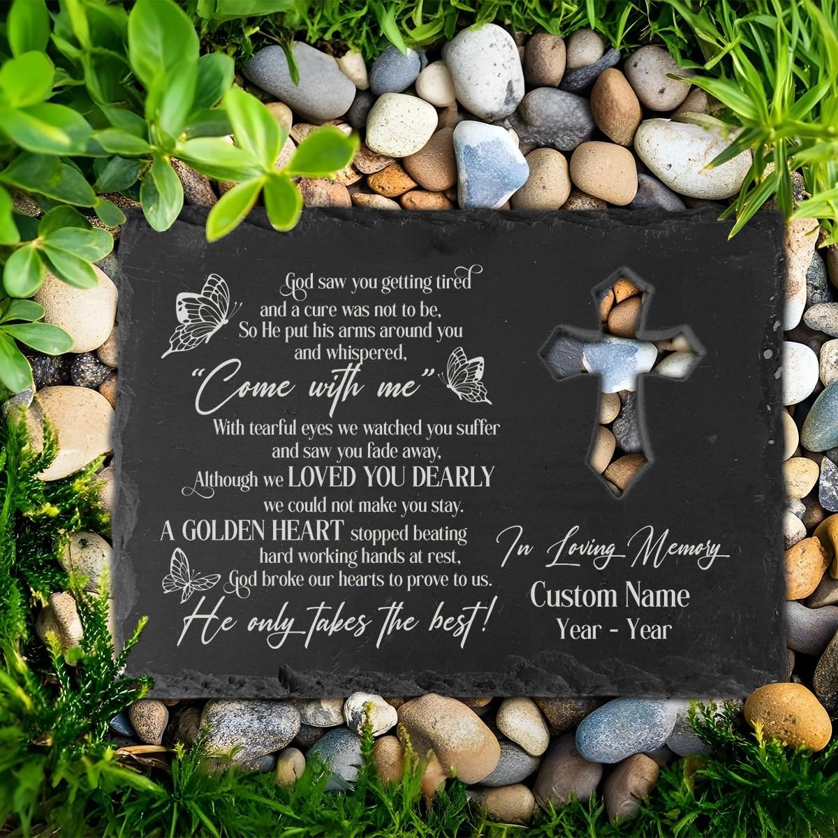 Custom Rectangle Slate Stone - God Saw You Getting Tired Symapthy Garden Stone Loss of Dad Mom Remembrance Cross Stepping Plaque Son Brother Memory