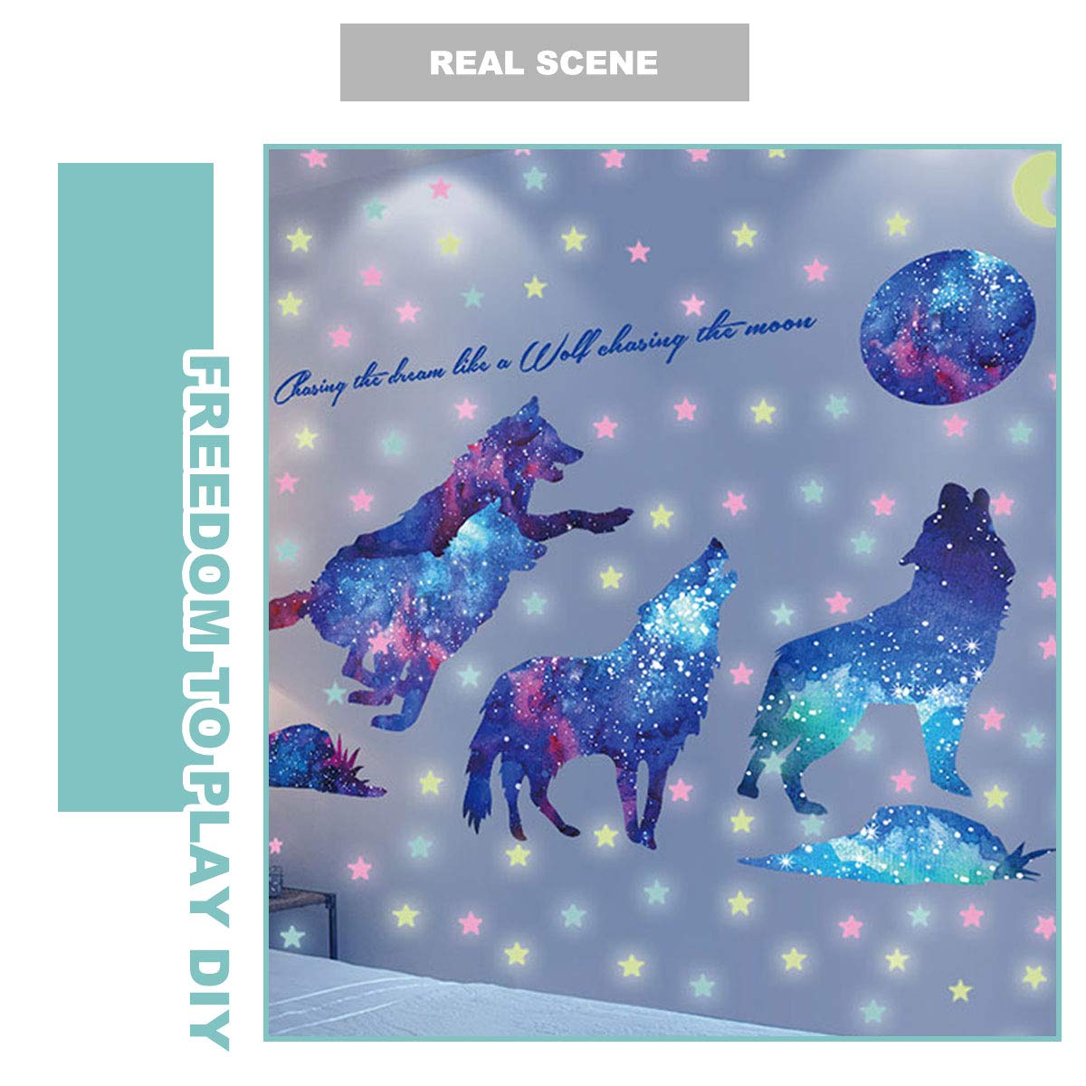 Colorful Starry Wolf Wall Sticker - Removable Peel & Stick Galaxy Mural, 41.7x15.3 Inch, For Bedroom, Living Room - View #5
